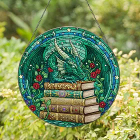 Green Blue Dragon Sleeping Ancient Ornate Books Celestial Vibrant Vines - Home Decor Gift Stained Glass Suncatcher