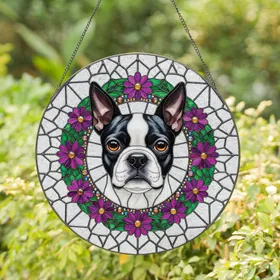 Boston Terrier Aster Flowers Jewel Border - Home Decor Gift for Dog Lover Stained Glass Suncatcher