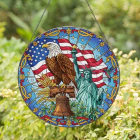 Bald Eagle American Flag Liberty Bell - Independence Day Gift for Veterans Stained Glass Suncatcher