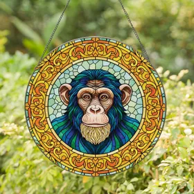 Chimpanzee Bust Ornate Floral Scroll - Home Decor Gift for Wildlife Lovers Stained Glass Suncatcher