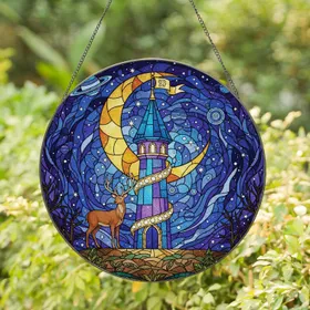 Castle Tower Deer Moon Fantasy Scene - Home Decor Gift for Magic Lover Stained Glass Suncatcher
