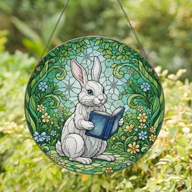 White Rabbit Reading Book Forest Wildflowers - Home Decor Gift Stained Glass Suncatcher