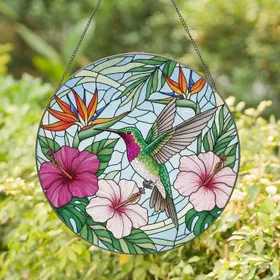 Hummingbird Hibiscus Bird-of-Paradise Floral - Wildlife Home Decor Gift Stained Glass Suncatcher