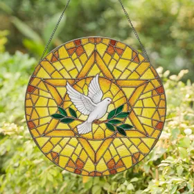White Dove Flying Golden Star of David Branch Leaves - Jewish Window Decor Gift Stained Glass Suncatcher