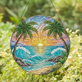 Palm Trees Tropical Sunset Ocean Beach - Coastal Home Decor Gift Stained Glass Suncatcher