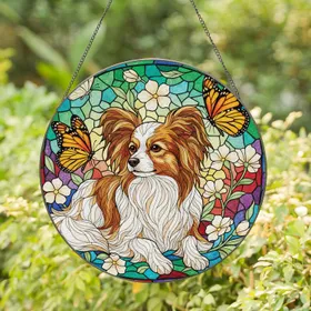 Papillon Dog Monarch Butterfly Floral Mosaic - Home Decor Gift for Dog Lover Stained Glass Suncatcher