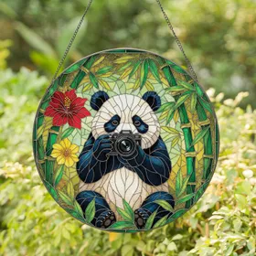 Panda Camera Lush Jungle Tropical Leaves Exotic Flowers - Home Decor Gift for Wildlife Lover Stained Glass Suncatcher