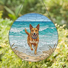 Reddish-Brown Australian Kelpie Dog Beach Ocean Foam - Home Decor Gift for Dog Lover Stained Glass Suncatcher
