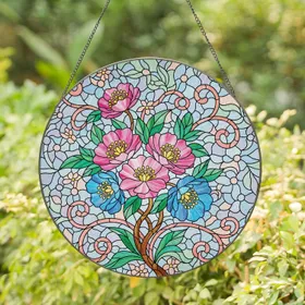 Iridescent Flowers Blooming Branch Stained Glass Mosaic - Botanical Home Decor Gift Stained Glass Suncatcher