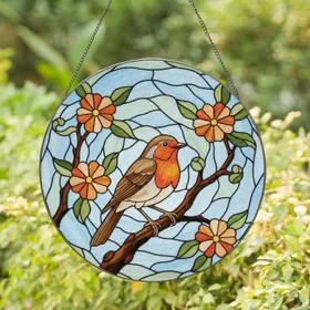 Robin Bird Blossom Branch - Home Decor Gift for Wildlife Lover Stained Glass Suncatcher