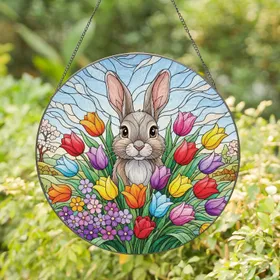 Gray Bunny Rabbit Spring Tulips Wildflowers - Home Decor Gift for Garden Lover Stained Glass Suncatcher