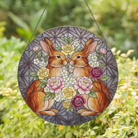 Affectionate Rabbits Peony Rose Bouquet - Home Decor Gift for Rabbit Lover Stained Glass Suncatcher