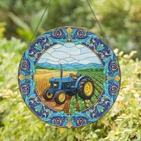 Farm Tractor Agricultural Field Acanthus Floral Border - Farmhouse Home Decor Gift for Farmers Stained Glass Suncatcher