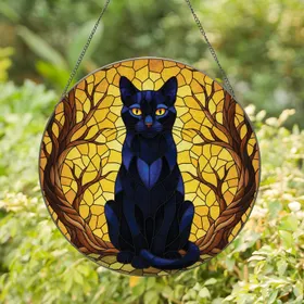 Majestic Black Cat Glowing Eyes Gnarled Tree Branches - Home Decor Gift for Cat Lover Stained Glass Suncatcher