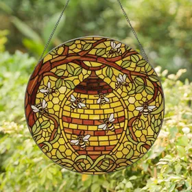 Teardrop Beehive Honeybees Tree Branch Leaves - Home Decor Gift for Wildlife Lovers Stained Glass Suncatcher