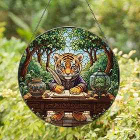 Baby Tiger Writing Quill Desk with Urn Terrarium - Home Decor Gift for Tiger Lover Stained Glass Suncatcher