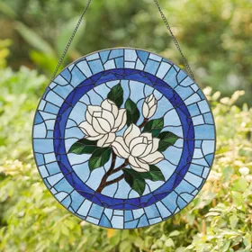 White Magnolia Flower Bud Royal Blue Floral - Home Decor Gift for Garden Lover Stained Glass Suncatcher