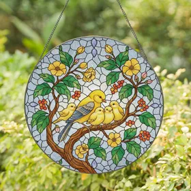Nurturing Mother Bird Chicks Tree Branch Mosaic Sky - Wildlife Home Decor Gift Stained Glass Suncatcher