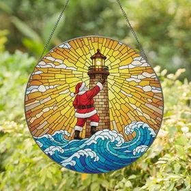 Santa Claus Climbing Brick Lighthouse Ocean Waves Bright Sky - Classic Christmas Home Decor Stained Glass Suncatcher