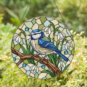 Blue Tit Songbird Snowdrop Garden Floral - Home Decor Gift for Bird and Nature Lovers Stained Glass Suncatcher