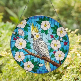 Cockatoo Hibiscus Flowers Bird Branch - Home Decor Gift for Bird Lover Stained Glass Suncatcher