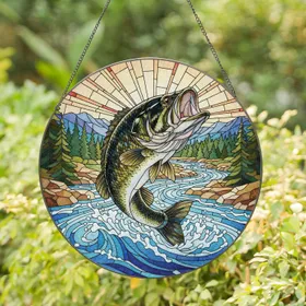 Bass Fish Leaping River Landscape Pine Trees - Home Decor Gift for Anglers Stained Glass Suncatcher