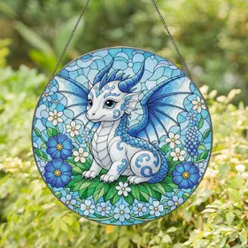 Baby Dragon Blue White Floral - Home Decor Gift for Dragon Lover Stained Glass Suncatcher