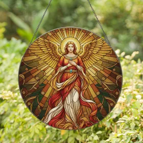 Celestial Female Angel Stained Glass Golden Wings Halo Sunburst - Home Decor Gift Stained Glass Suncatcher