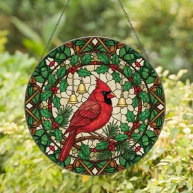 Red Cardinal Holly Berries Pine Bells - Home Decor Gift for Bird Lovers Stained Glass Suncatcher