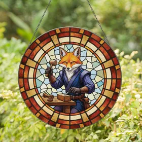 Anthropomorphic Fox Chisel Work Geometric Frame - Home Decor Gift for Any Space Stained Glass Suncatcher