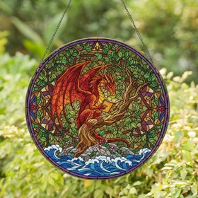 Dragon Reading Book Gnarled Tree - Home Decor Gift for Dragon Lover Stained Glass Suncatcher