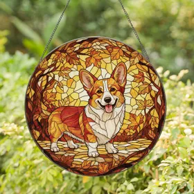 Pembroke Welsh Corgi Autumn Leaves Scene - Dog Lover Home Decor Gift for Corgi Owners Stained Glass Suncatcher