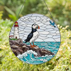 Atlantic Puffin Lighthouse Blue Bird Rocky Coastline - Wildlife Home Decor Gift Stained Glass Suncatcher