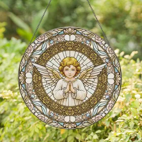 Angel Cherub Praying Ornate Rose - Home Decor Gift for Angel Lovers Stained Glass Suncatcher