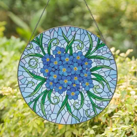 Forget-Me-Not Blue Flowers Emerald Green Leaves Berry Buds Bouquet Home Decor Gift for Garden Lover Stained Glass Suncatcher