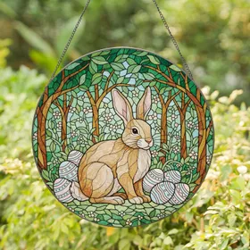 Fluffy Easter Bunny Easter Eggs Foliage - Easter Home Decor Gift for Bunny Lovers Stained Glass Suncatcher