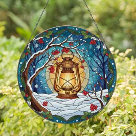 Antique Lantern Winter Landscape - Christmas Home Decor Gift for Holiday Host Stained Glass Suncatcher