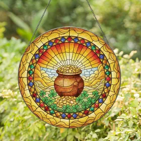 Luminous Four Leaf Clover Golden Coin Pot Arching Rainbow Cabochon - Home Decor Gift Stained Glass Suncatcher