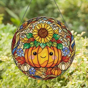Chibi Pumpkin Sunflower Autumn Gourds - Halloween Party Decor Gift Stained Glass Suncatcher