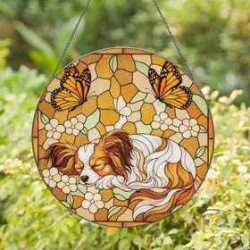 Papillon Dog Monarch Butterfly Floral Mosaic - Home Decor Gift for Dog Lover Stained Glass Suncatcher