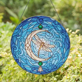 Dragonfly Crescent Moon Emerald Beads Bell Swirling Sky - Wildlife Lover Home Decor Gift Stained Glass Suncatcher
