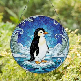 Black White Penguin Bell Ice Floes Snowflake Winter Sky - Home Decor Gift for Penguin Lover Stained Glass Suncatcher