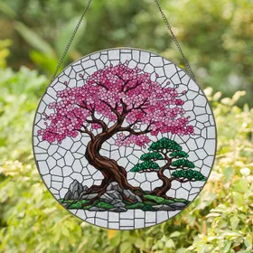 Vivid Pink Cherry Blossom Bonsai Garden Rock - Luminous Home Decor Gift for Plant Lover Stained Glass Suncatcher