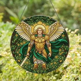 Archangel Golden Wings Sunburst Emblem Gleaming Sword Forest Wildflowers - Home Decor Gift Stained Glass Suncatcher