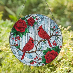 Red Cardinals Roses Winter Forest - Winter Home Decor Gift for Cardinal Lover Stained Glass Suncatcher