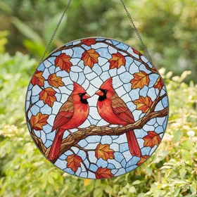 Vibrant Red Cardinal Birds Autumn Leaves Tree Branch - Wildlife Home Decor Gift for Bird Enthusiasts Stained Glass Suncatcher