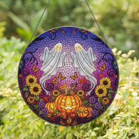 Jack-o'-lantern Ghosts Autumn Flora Butterflies Birds Twilight - Halloween Decor Gift Stained Glass Suncatcher