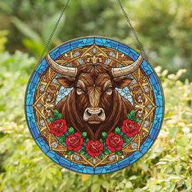Majestic Bull's Head Red Roses - Farmhouse Decor Gift for Cattle Lover Stained Glass Suncatcher