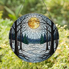 Golden Full Moon Winter Forest Landscape Bare Trees Snowy Valley - Nature Home Decor Gift Stained Glass Suncatcher