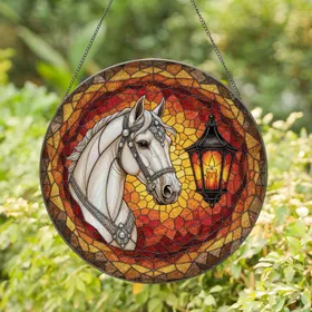 White Horse Head Lamp Mosaic - Home Decor Gift for Equestrian Lover Stained Glass Suncatcher